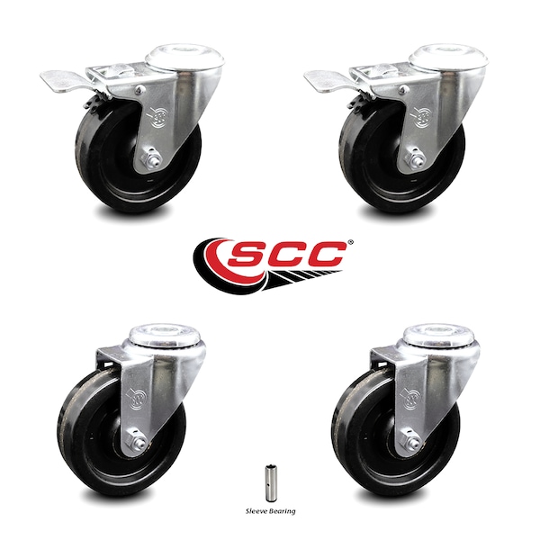 4 Inch Phenolic Wheel Swivel Bolt Hole Caster Set with 2 Total Lock Brake SCC